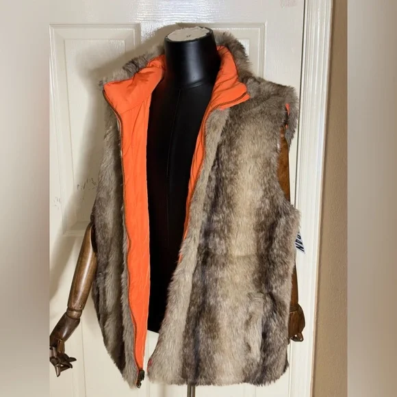 Urban Outfitters reversible Faux Rabbit Fur Vest unisex XL Brown Y2K - Picture 4 of 11